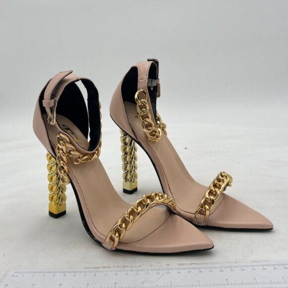 FYS Beige Sexy Golden Metal Chunky High Heel Chains Decor Open Toe Dressy Sandal - Picture 4 of 8